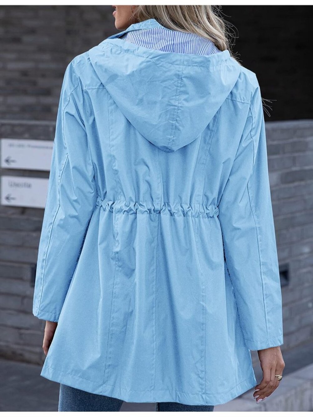 Women's Sky Blue Hooded Striped Lined Waterproof Hiking Packable Rain Jacket - Picture 4 of 6